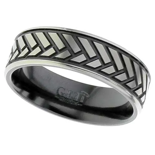 Zirconium Ring with Herringbone Style Detail and Rounded Edges